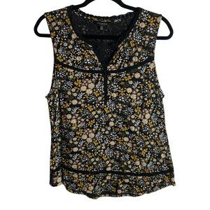 Lucky Brand Size Large Dark Ditzy Floral Tank Top Inlet Lace Black Boho Prairie